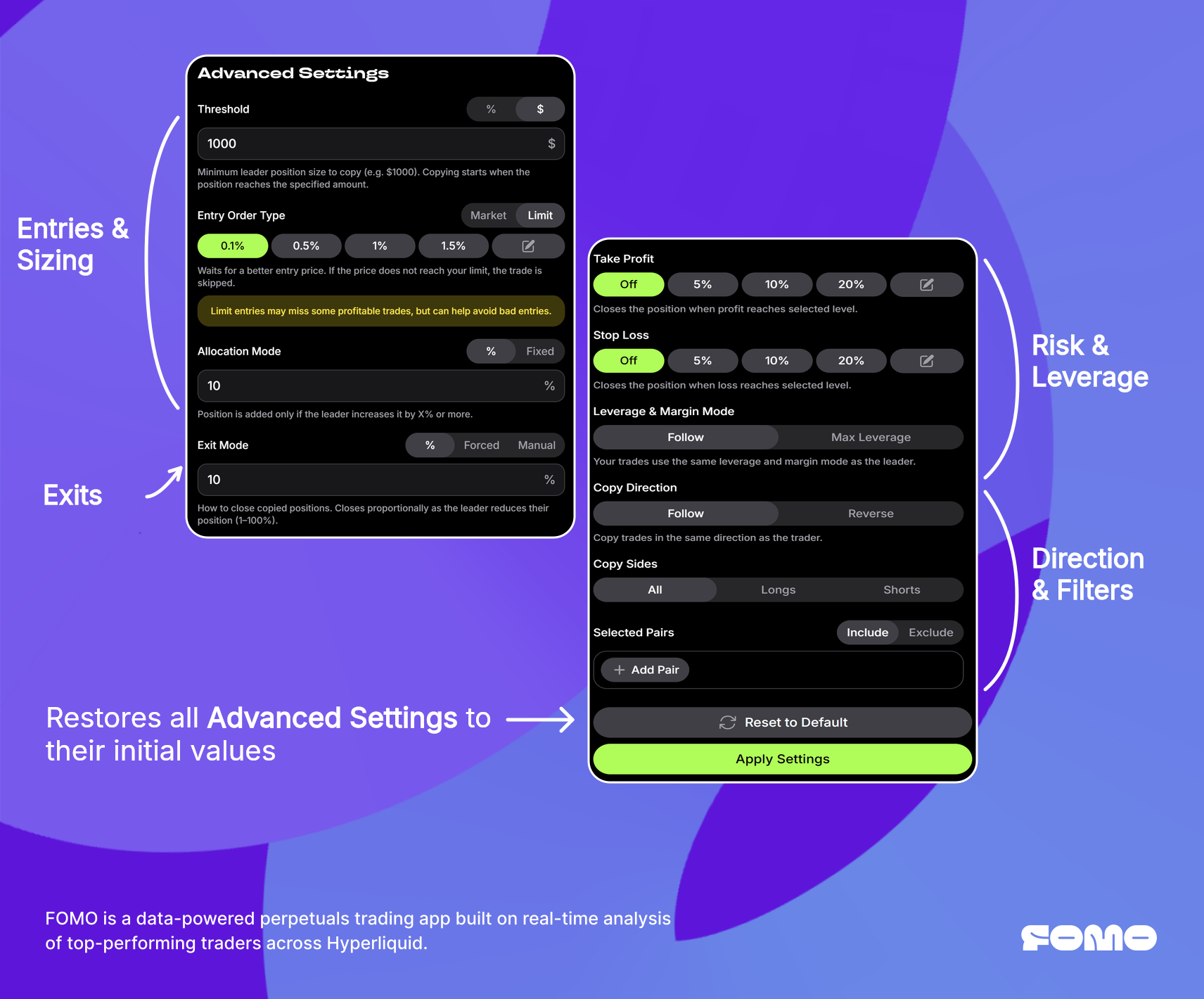Advanced Settings grouped by Entries and Sizing, Exits, Risk and Leverage, and Direction and Filters